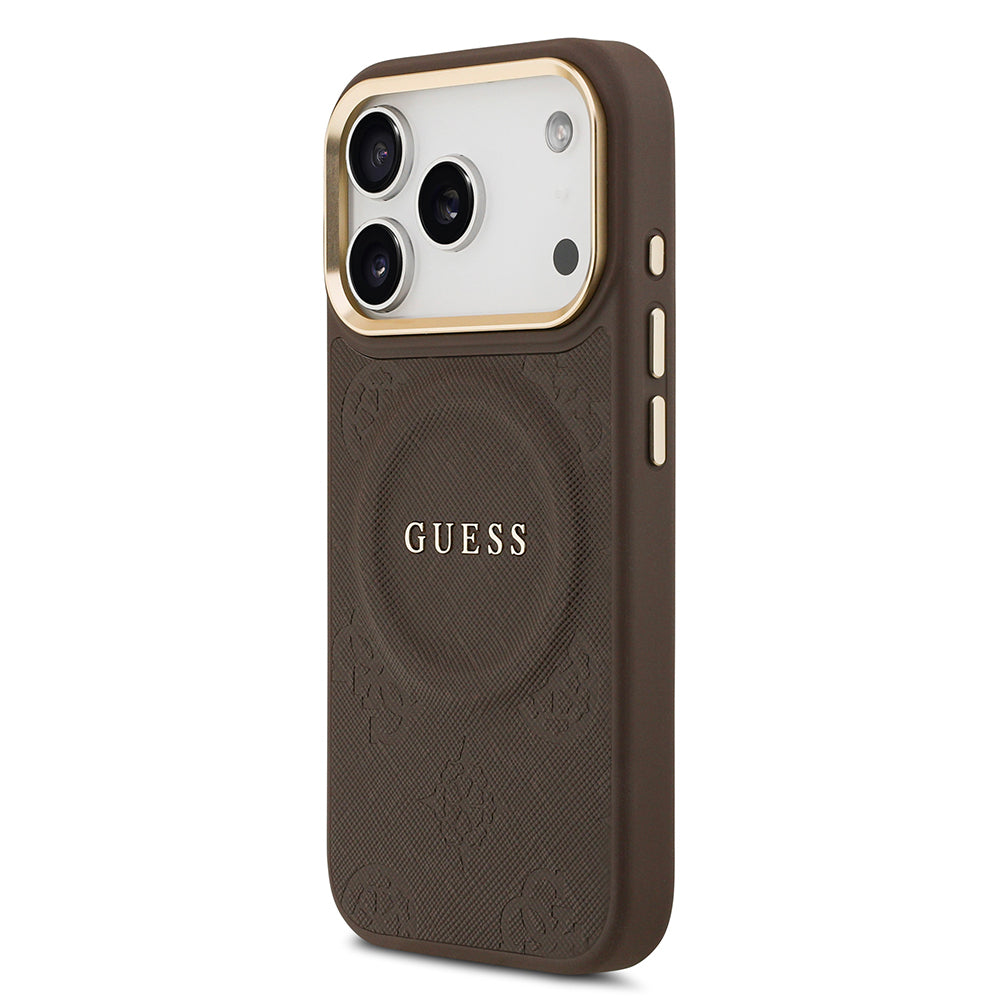 Apple iPhone 17 Pro Kılıf Guess Orjinal Lisanslı M-safe Şarj Özellikli Sıcak Baskılı Yazı Logolu PU Deri Peony Kapak Kahverengi