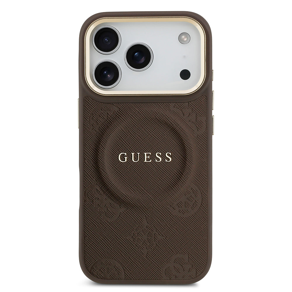 Apple iPhone 17 Pro Kılıf Guess Orjinal Lisanslı M-safe Şarj Özellikli Sıcak Baskılı Yazı Logolu PU Deri Peony Kapak Kahverengi