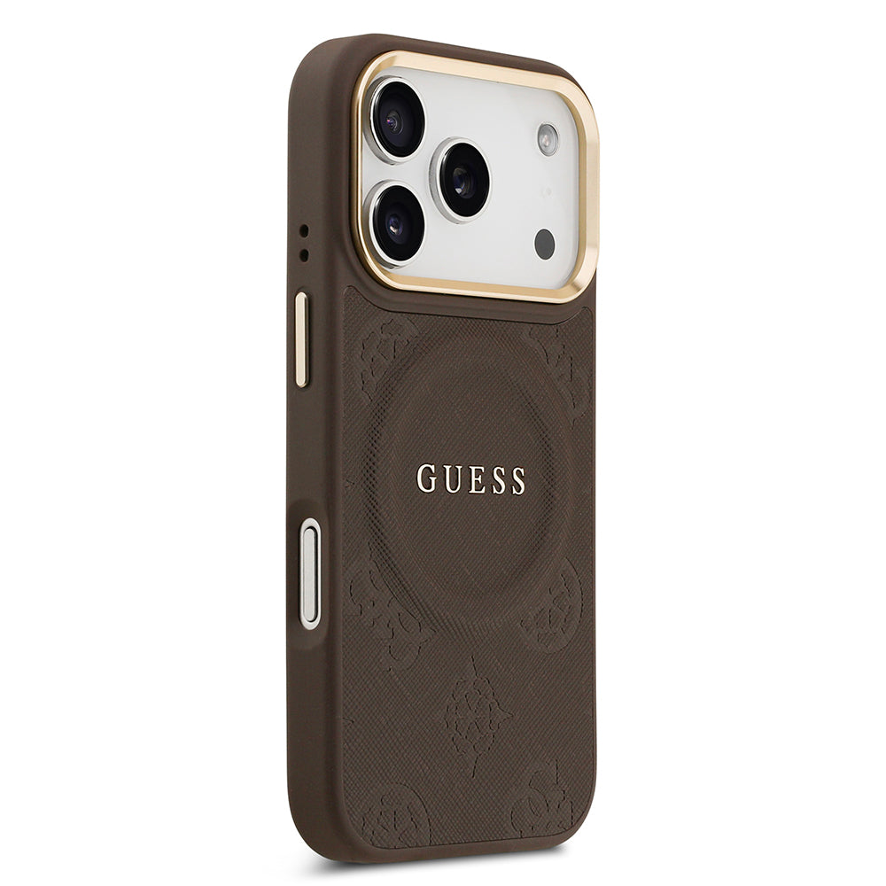 Apple iPhone 17 Pro Kılıf Guess Orjinal Lisanslı M-safe Şarj Özellikli Sıcak Baskılı Yazı Logolu PU Deri Peony Kapak Kahverengi