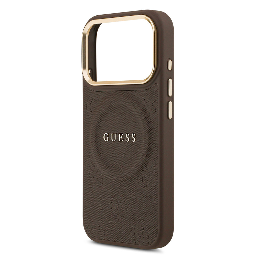 Apple iPhone 17 Pro Kılıf Guess Orjinal Lisanslı M-safe Şarj Özellikli Sıcak Baskılı Yazı Logolu PU Deri Peony Kapak Kahverengi