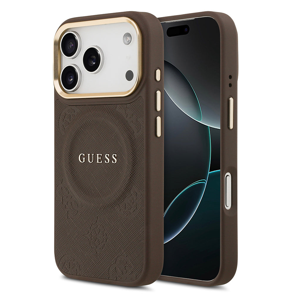 Apple iPhone 17 Pro Kılıf Guess Orjinal Lisanslı M-safe Şarj Özellikli Sıcak Baskılı Yazı Logolu PU Deri Peony Kapak Kahverengi