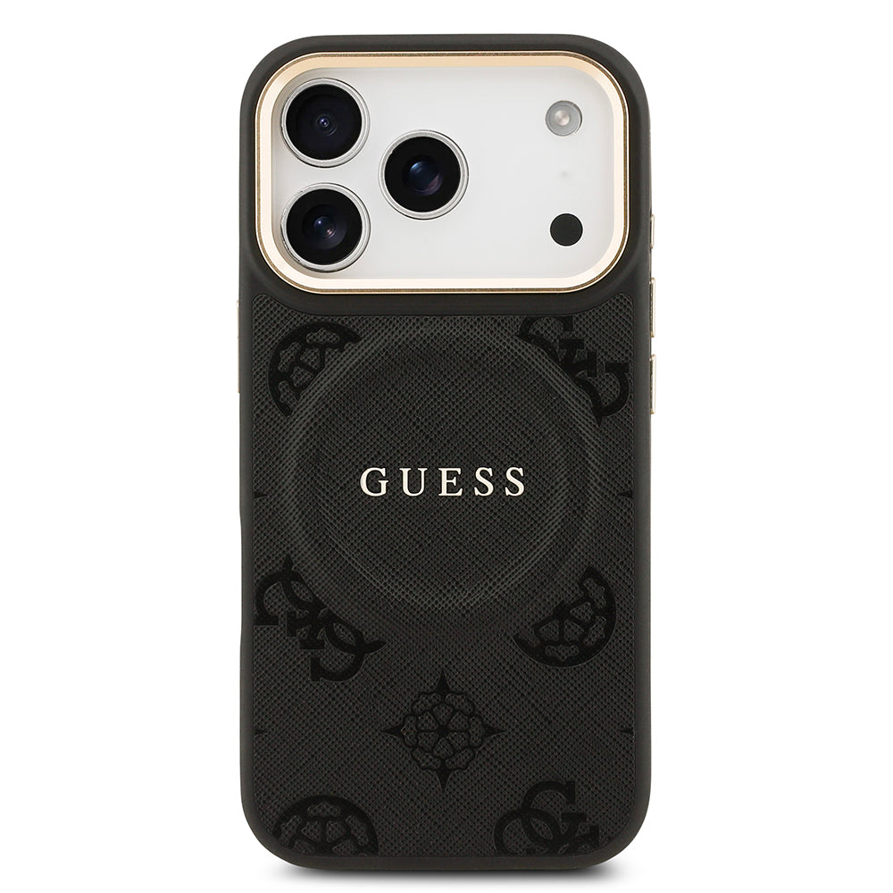 Apple iPhone 17 Pro Kılıf Guess Orjinal Lisanslı M-safe Şarj Özellikli Sıcak Baskılı Yazı Logolu PU Deri Peony Kapak Siyah