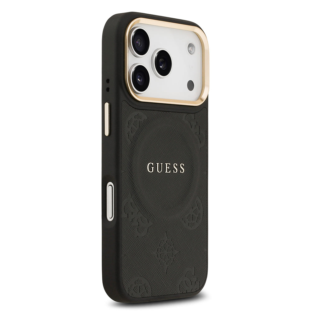 Apple iPhone 17 Pro Kılıf Guess Orjinal Lisanslı M-safe Şarj Özellikli Sıcak Baskılı Yazı Logolu PU Deri Peony Kapak Siyah
