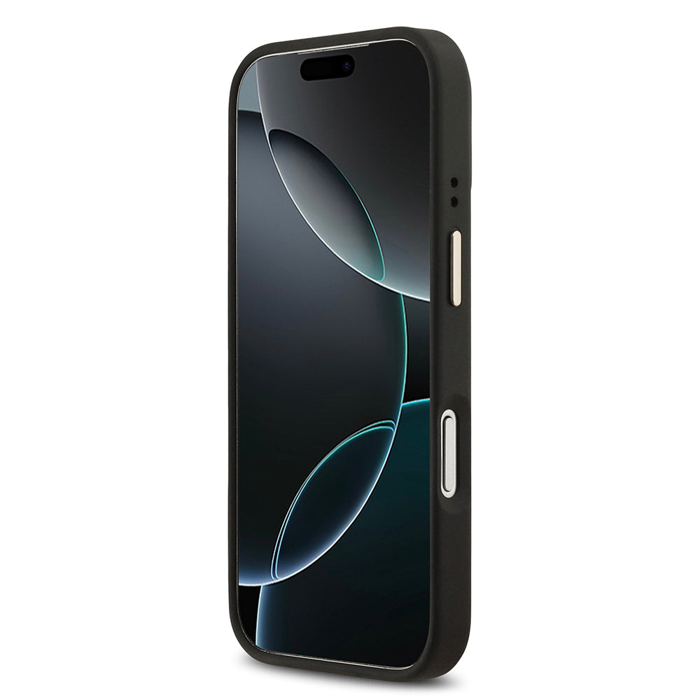 Apple iPhone 17 Pro Kılıf Guess Orjinal Lisanslı M-safe Şarj Özellikli Sıcak Baskılı Yazı Logolu PU Deri Peony Kapak Siyah