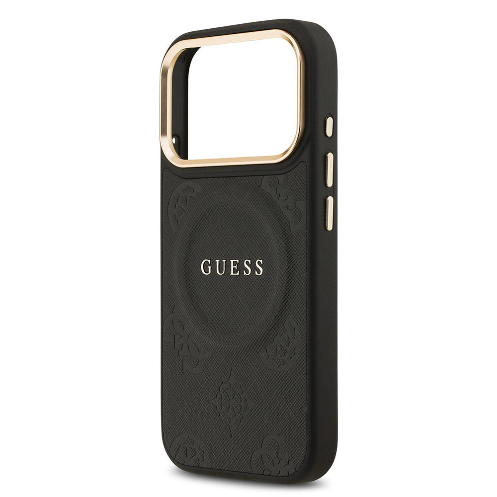 Apple iPhone 17 Pro Kılıf Guess Orjinal Lisanslı M-safe Şarj Özellikli Sıcak Baskılı Yazı Logolu PU Deri Peony Kapak Siyah