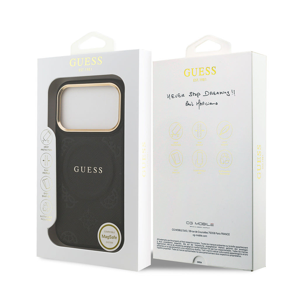 Apple iPhone 17 Pro Kılıf Guess Orjinal Lisanslı M-safe Şarj Özellikli Sıcak Baskılı Yazı Logolu PU Deri Peony Kapak Siyah