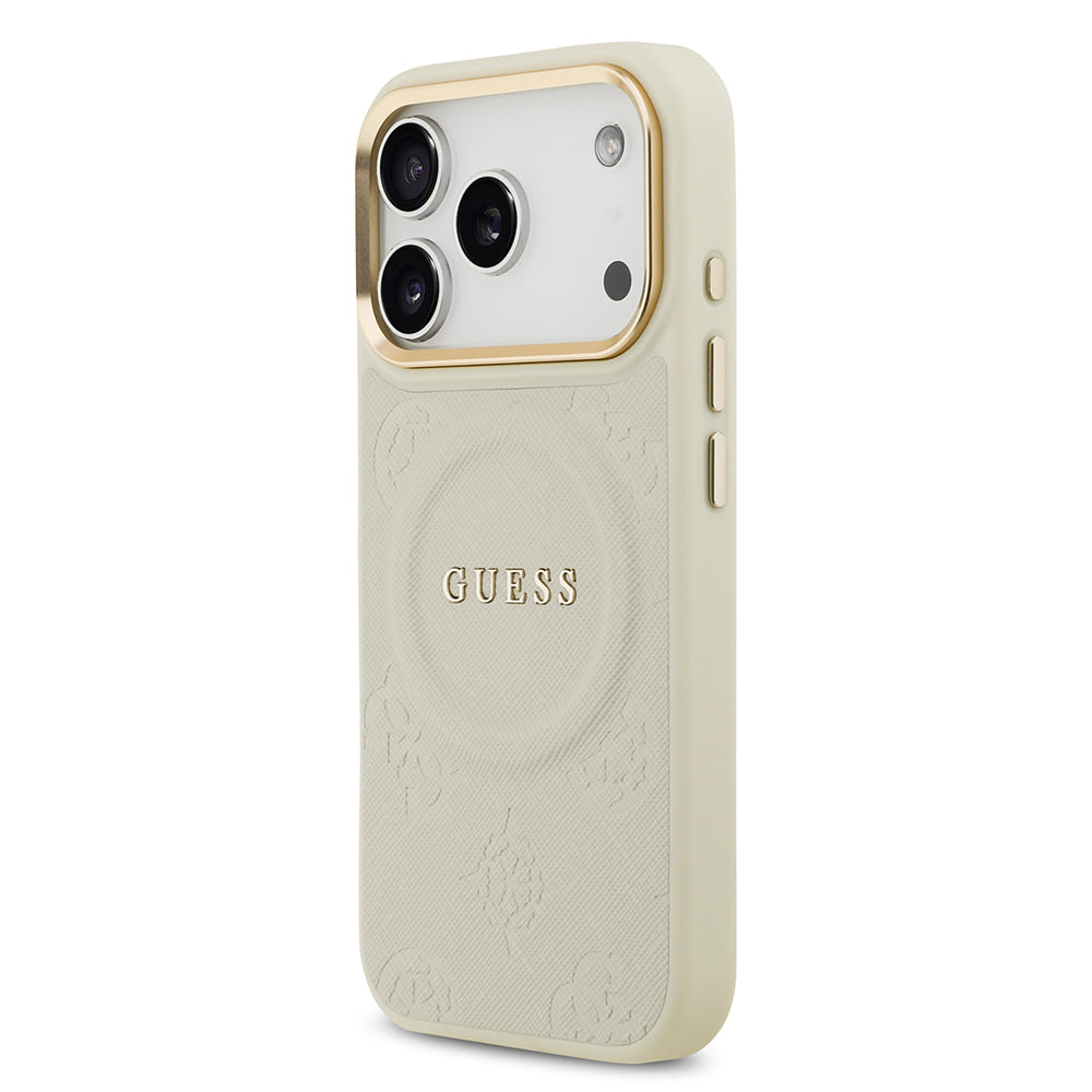 Apple iPhone 17 Pro Kılıf Guess Orjinal Lisanslı M-safe Şarj Özellikli Sıcak Baskılı Yazı Logolu PU Deri Peony Kapak Bej