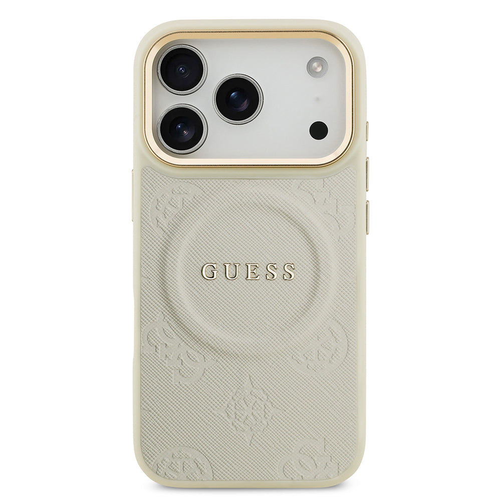 Apple iPhone 17 Pro Kılıf Guess Orjinal Lisanslı M-safe Şarj Özellikli Sıcak Baskılı Yazı Logolu PU Deri Peony Kapak Bej