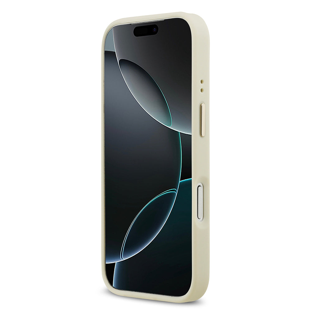 Apple iPhone 17 Pro Kılıf Guess Orjinal Lisanslı M-safe Şarj Özellikli Sıcak Baskılı Yazı Logolu PU Deri Peony Kapak Bej