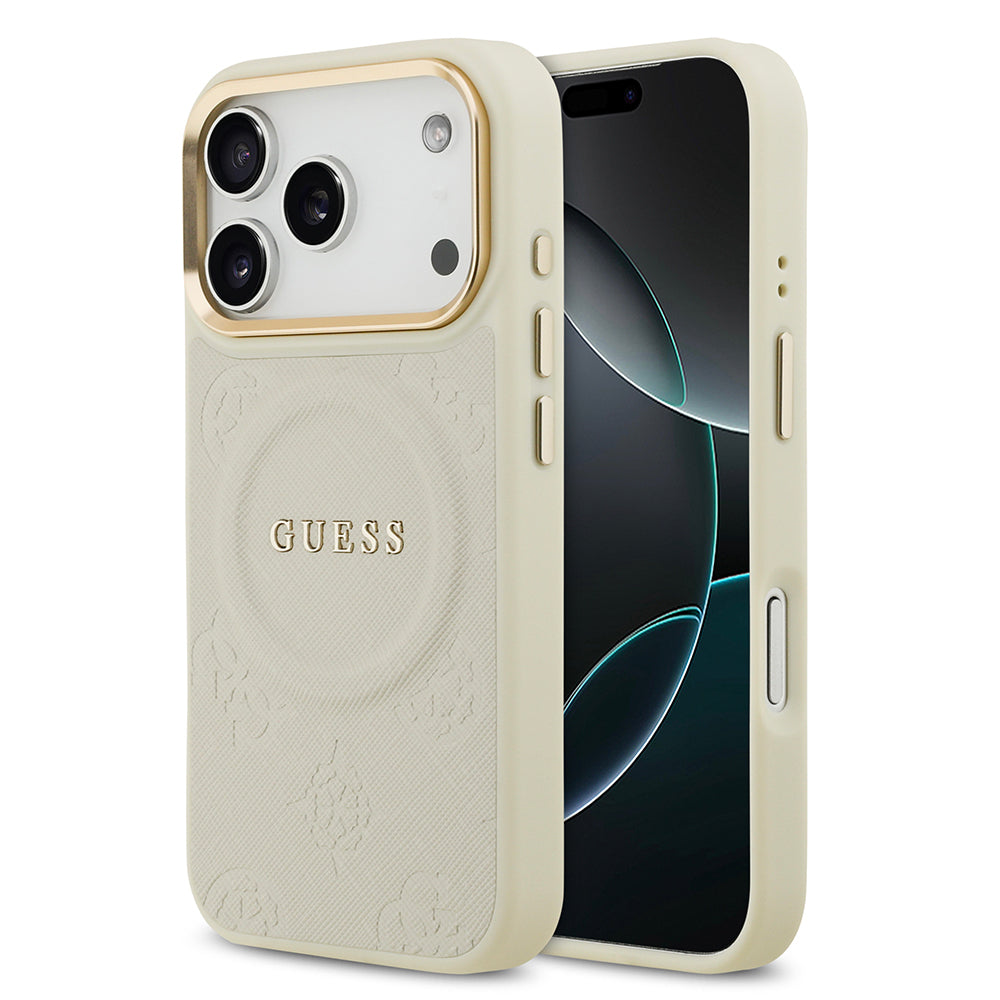 Apple iPhone 17 Pro Kılıf Guess Orjinal Lisanslı M-safe Şarj Özellikli Sıcak Baskılı Yazı Logolu PU Deri Peony Kapak Bej