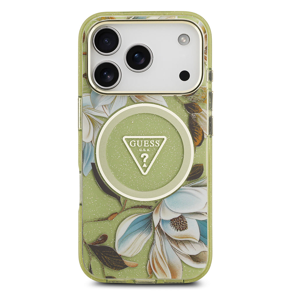 Apple iPhone 17 Pro Kılıf Guess Orjinal Lisanslı M-safe Şarj Özellikli Simli Çiçek Desenli Metal Kamera Çerçeveli Üçgen Logolu Kapak Yeşil