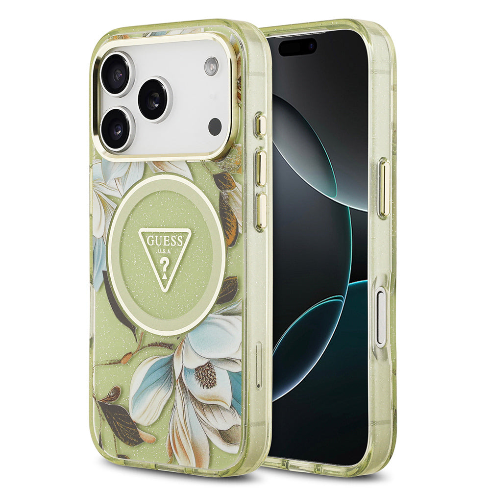 Apple iPhone 17 Pro Kılıf Guess Orjinal Lisanslı M-safe Şarj Özellikli Simli Çiçek Desenli Metal Kamera Çerçeveli Üçgen Logolu Kapak Yeşil