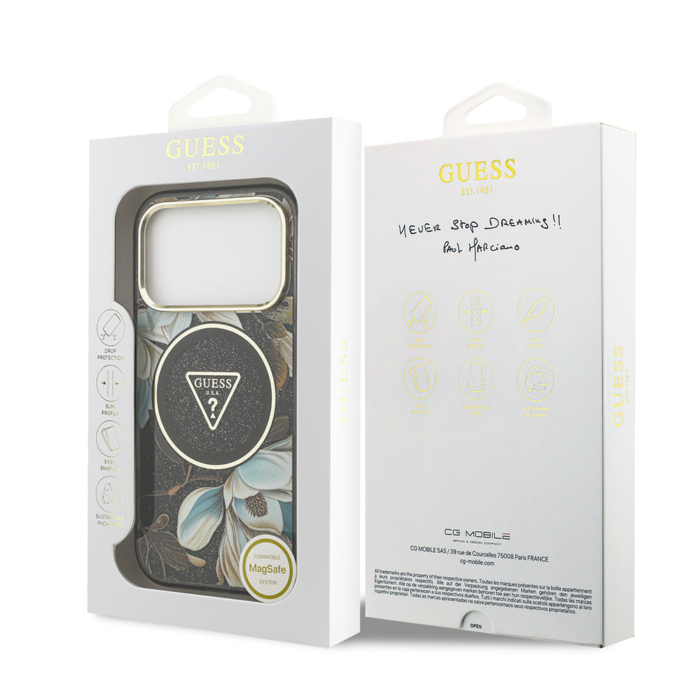 Apple iPhone 17 Pro Kılıf Guess Orjinal Lisanslı M-safe Şarj Özellikli Simli Çiçek Desenli Metal Kamera Çerçeveli Üçgen Logolu Kapak Siyah