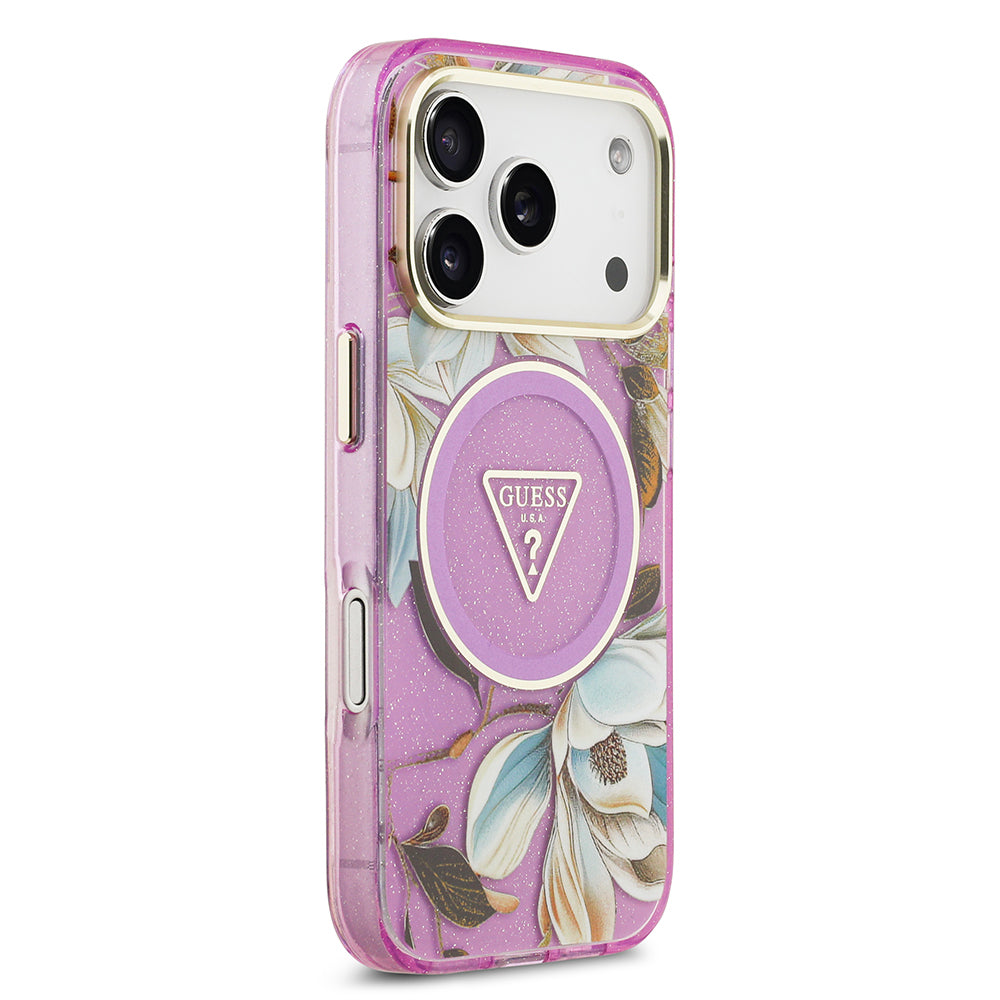 Apple iPhone 17 Pro Kılıf Guess Orjinal Lisanslı M-safe Şarj Özellikli Simli Çiçek Desenli Metal Kamera Çerçeveli Üçgen Logolu Kapak Mor