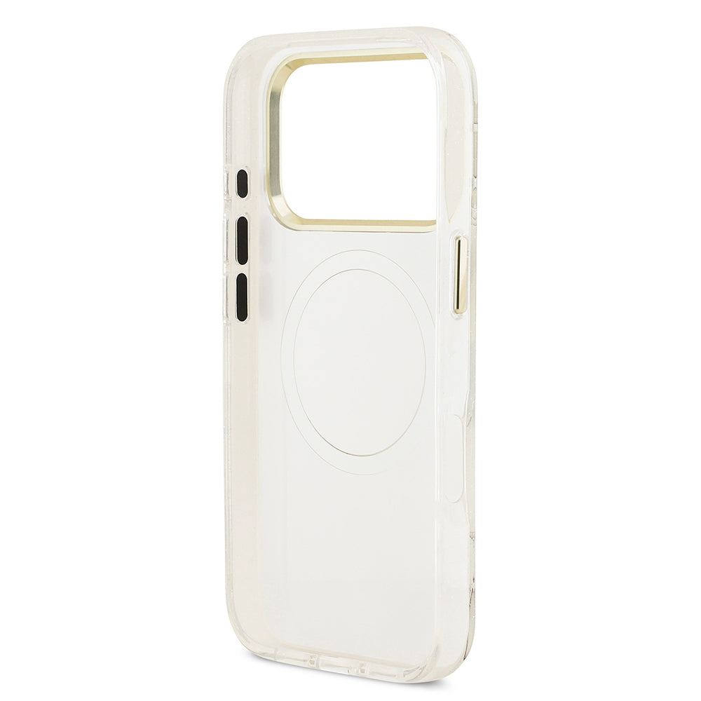 Apple iPhone 17 Pro Kılıf Guess Orjinal Lisanslı M-safe Şarj Özellikli Simli Çiçek Desenli Metal Kamera Çerçeveli Üçgen Logolu Kapak Beyaz
