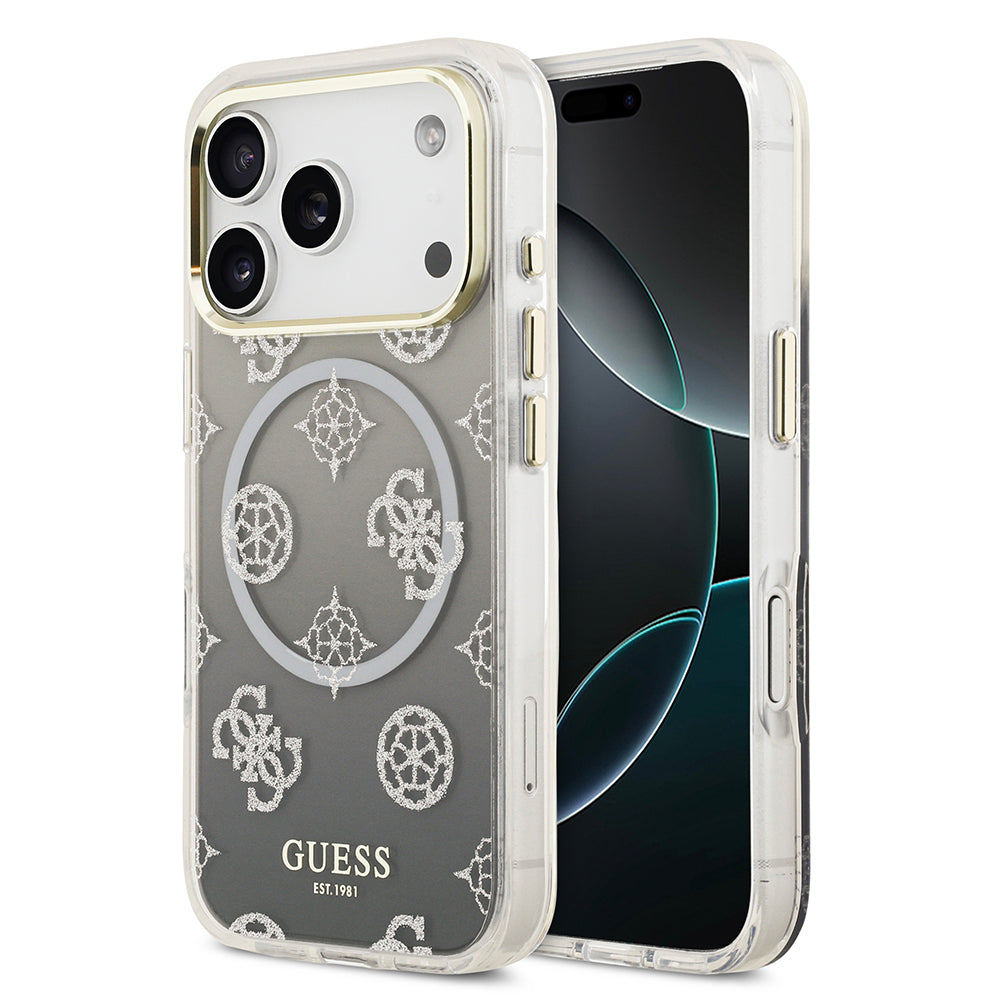 Apple iPhone 17 Pro Kılıf Guess Orjinal Lisanslı M-safe Şarj Özellikli Simli Peony Desenli Silikon Kapak Siyah