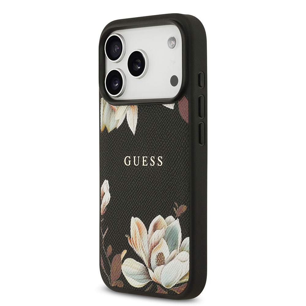 Apple iPhone 17 Pro Kılıf Guess Orjinal Lisanslı M-safe Şarj Özellikli Taneli Çiçek Tasarımlı Metal Yazı Logolu Kapak Siyah