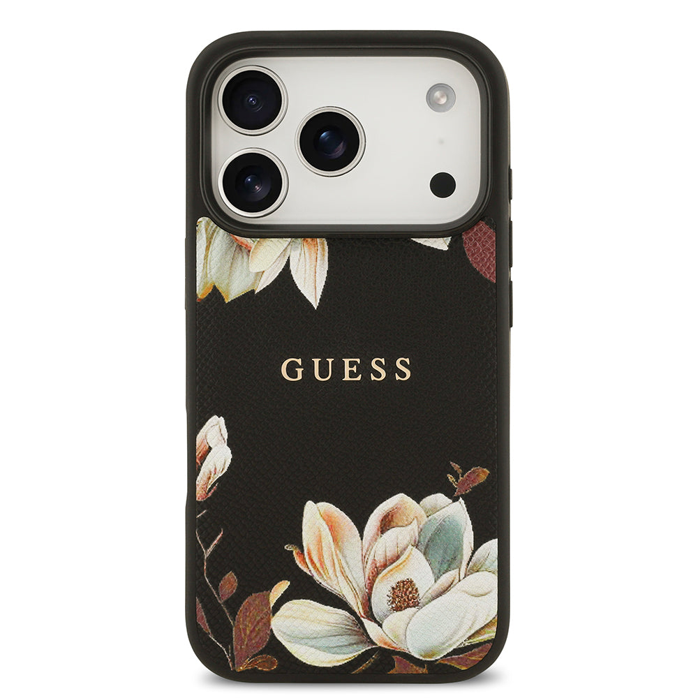 Apple iPhone 17 Pro Kılıf Guess Orjinal Lisanslı M-safe Şarj Özellikli Taneli Çiçek Tasarımlı Metal Yazı Logolu Kapak Siyah