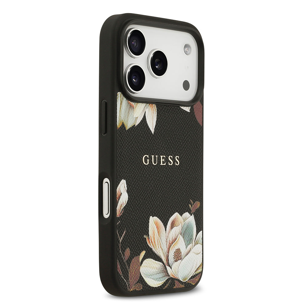 Apple iPhone 17 Pro Kılıf Guess Orjinal Lisanslı M-safe Şarj Özellikli Taneli Çiçek Tasarımlı Metal Yazı Logolu Kapak Siyah