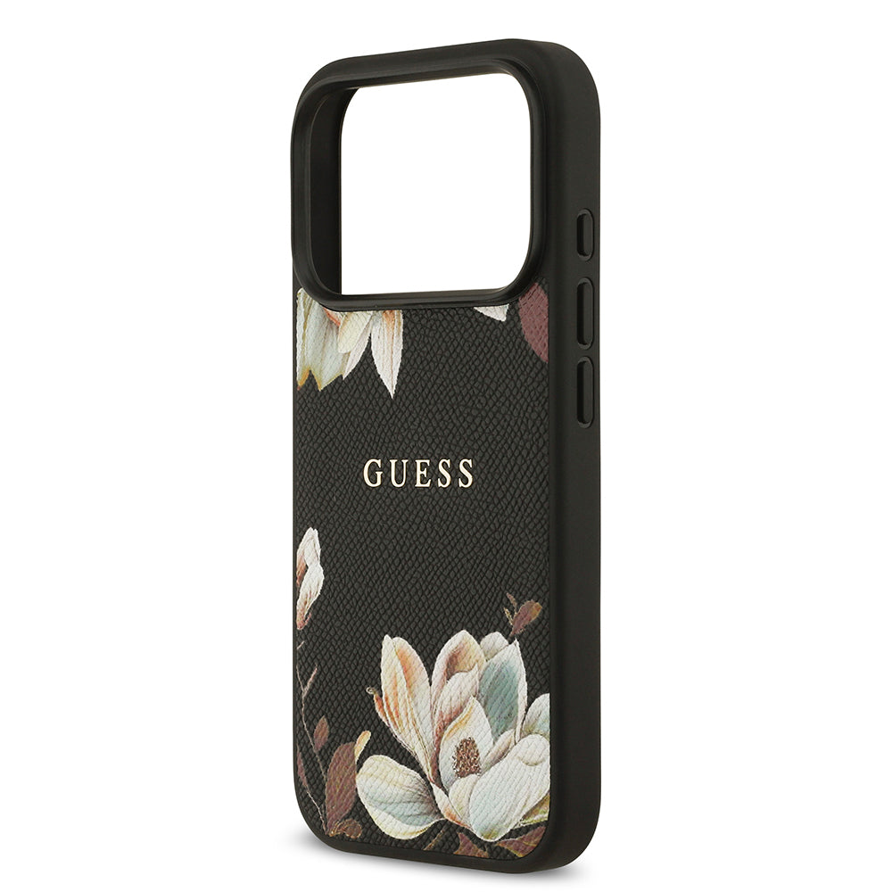 Apple iPhone 17 Pro Kılıf Guess Orjinal Lisanslı M-safe Şarj Özellikli Taneli Çiçek Tasarımlı Metal Yazı Logolu Kapak Siyah