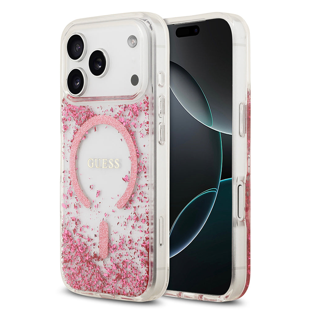 Apple iPhone 17 Pro Kılıf Guess Orjinal Lisanslı M-safe Şarj Özellikli Transparan Resin Bottom Kapak Pembe
