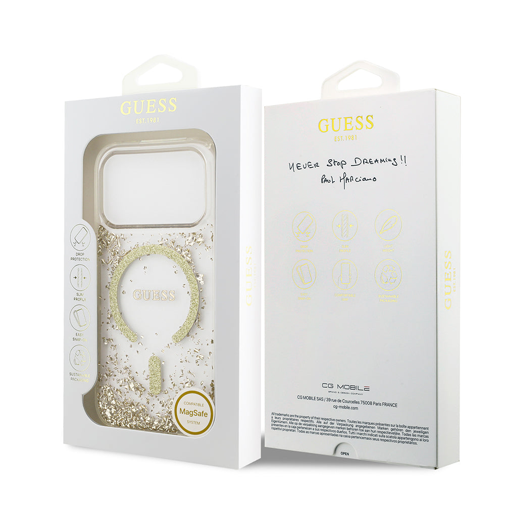 Apple iPhone 17 Pro Kılıf Guess Orjinal Lisanslı M-safe Şarj Özellikli Transparan Resin Bottom Kapak Gold