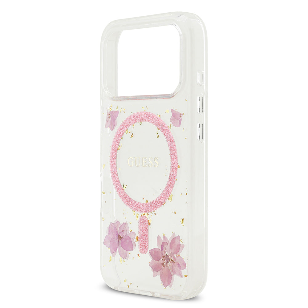 Apple iPhone 17 Pro Kılıf Guess Orjinal Lisanslı M-safe Şarj Özellikli Transparan Resin Flowers Kapak Pembe