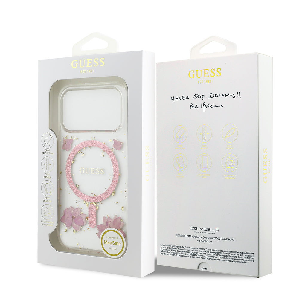 Apple iPhone 17 Pro Kılıf Guess Orjinal Lisanslı M-safe Şarj Özellikli Transparan Resin Flowers Kapak Pembe