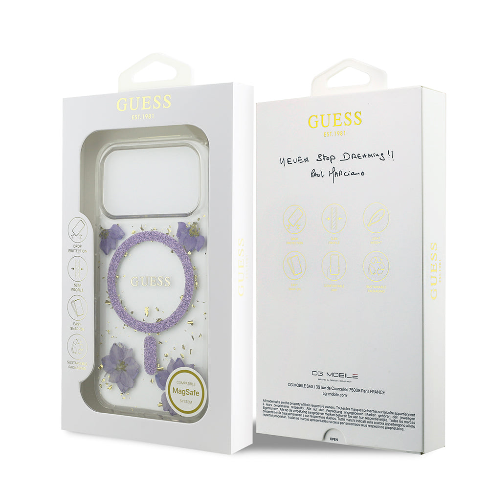 Apple iPhone 17 Pro Kılıf Guess Orjinal Lisanslı M-safe Şarj Özellikli Transparan Resin Flowers Kapak Mor
