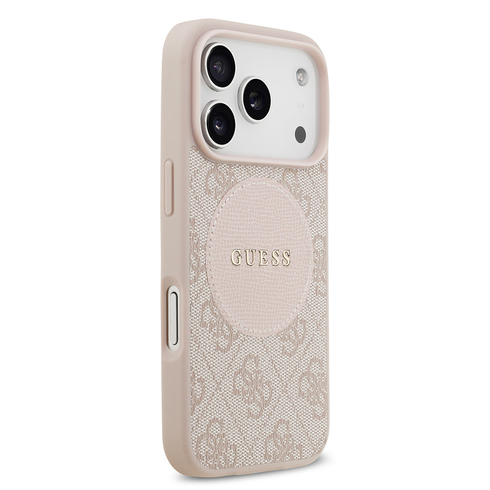 Apple iPhone 17 Pro Kılıf Guess Orjinal Lisanslı M-safe Şarj Özellikli Yazı Logolu Circle Classic Kapak Pembe