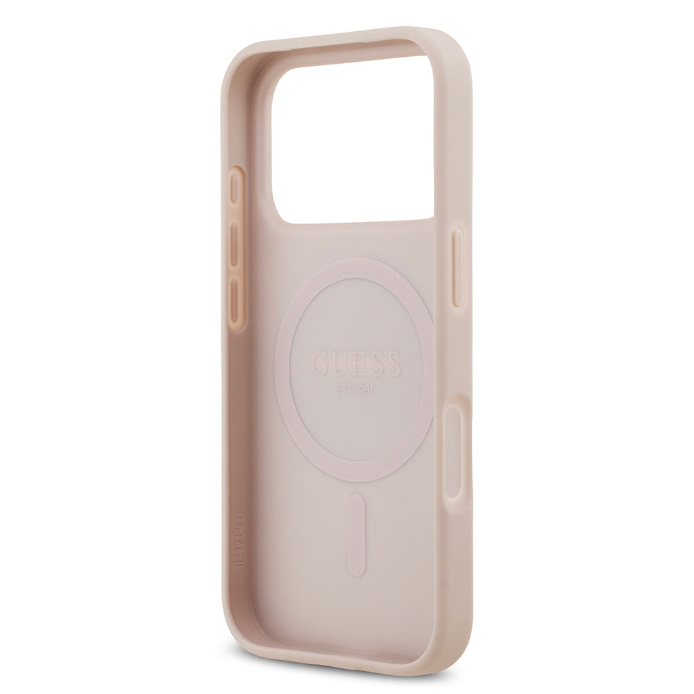 Apple iPhone 17 Pro Kılıf Guess Orjinal Lisanslı M-safe Şarj Özellikli Yazı Logolu Circle Classic Kapak  Pembe