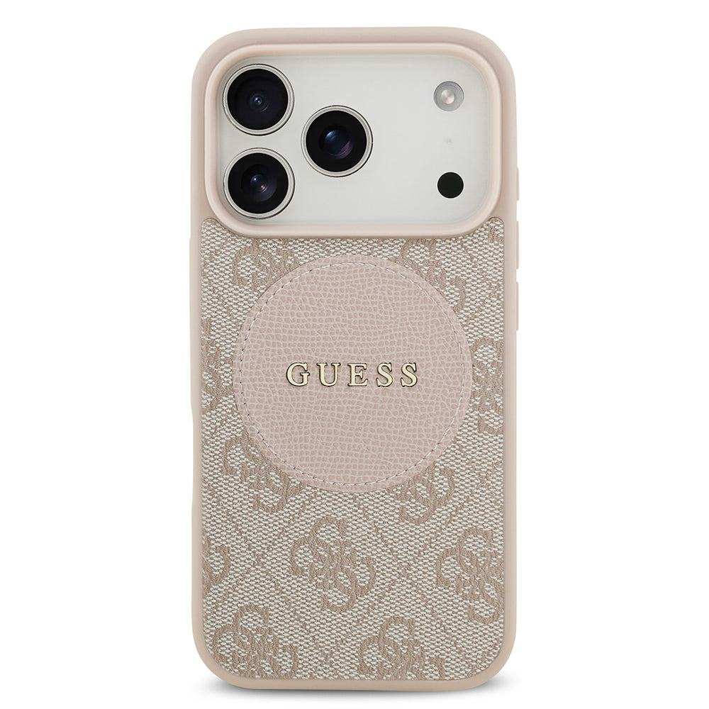 Apple iPhone 17 Pro Kılıf Guess Orjinal Lisanslı M-safe Şarj Özellikli Yazı Logolu Circle Classic Kapak Pembe