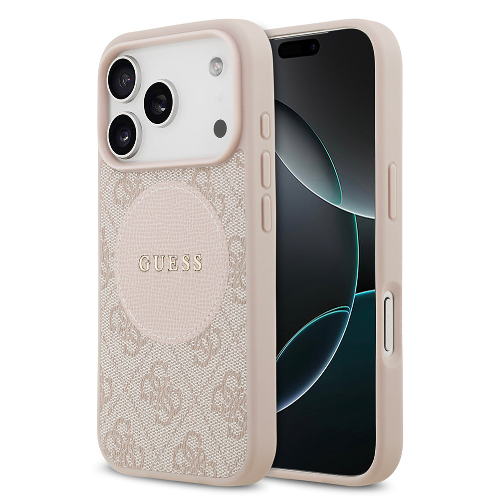 Apple iPhone 17 Pro Kılıf Guess Orjinal Lisanslı M-safe Şarj Özellikli Yazı Logolu Circle Classic Kapak Pembe