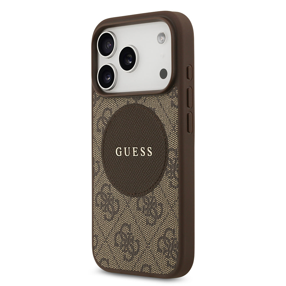 Apple iPhone 17 Pro Kılıf Guess Orjinal Lisanslı M-safe Şarj Özellikli Yazı Logolu Circle Classic Kapak Kahverengi