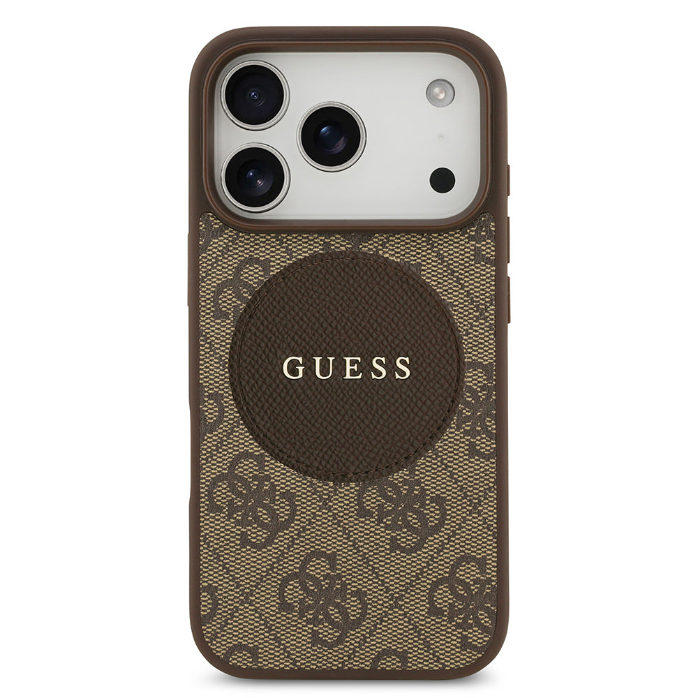 Apple iPhone 17 Pro Kılıf Guess Orjinal Lisanslı M-safe Şarj Özellikli Yazı Logolu Circle Classic Kapak Kahverengi