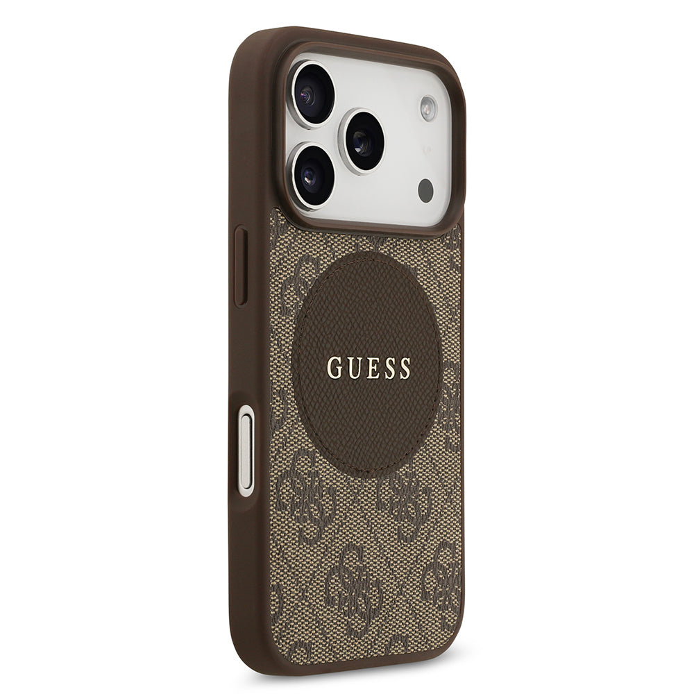 Apple iPhone 17 Pro Kılıf Guess Orjinal Lisanslı M-safe Şarj Özellikli Yazı Logolu Circle Classic Kapak Kahverengi