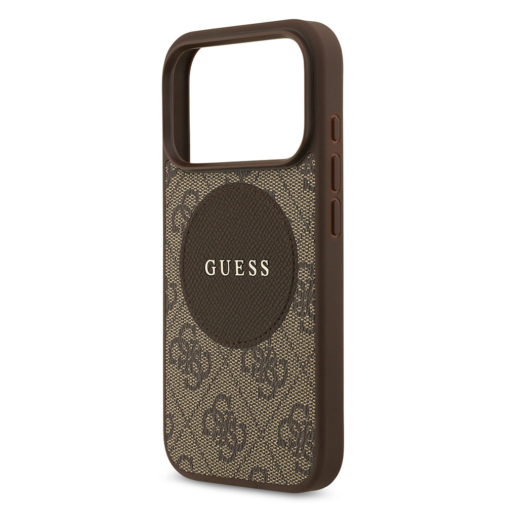 Apple iPhone 17 Pro Kılıf Guess Orjinal Lisanslı M-safe Şarj Özellikli Yazı Logolu Circle Classic Kapak Kahverengi