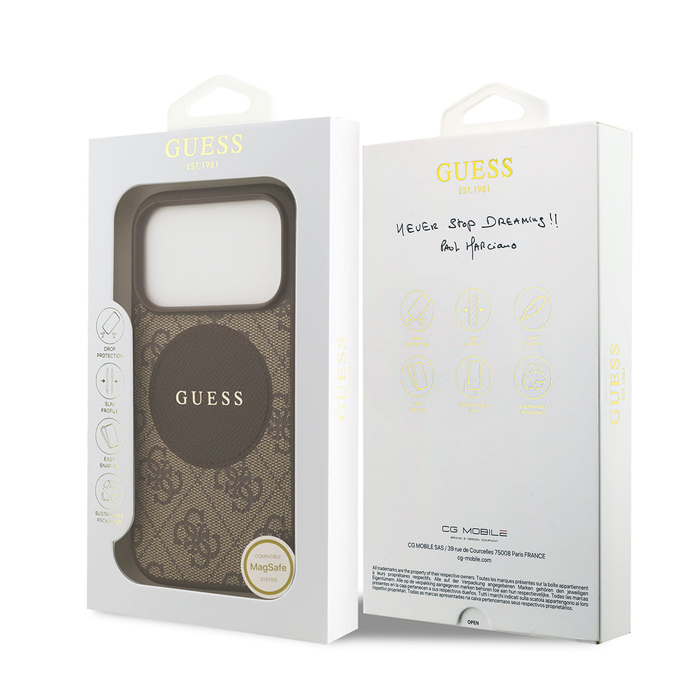 Apple iPhone 17 Pro Kılıf Guess Orjinal Lisanslı M-safe Şarj Özellikli Yazı Logolu Circle Classic Kapak Kahverengi