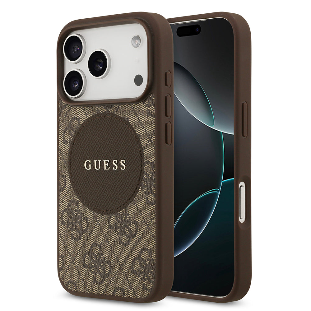 Apple iPhone 17 Pro Kılıf Guess Orjinal Lisanslı M-safe Şarj Özellikli Yazı Logolu Circle Classic Kapak Kahverengi