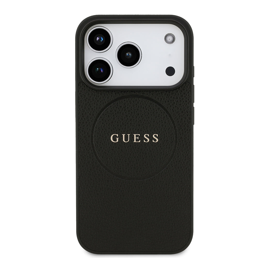 Apple iPhone 17 Pro Kılıf Guess Orjinal Lisanslı M-safe Şarj Özellikli Yazı Logolu PU Deri Kapak Siyah