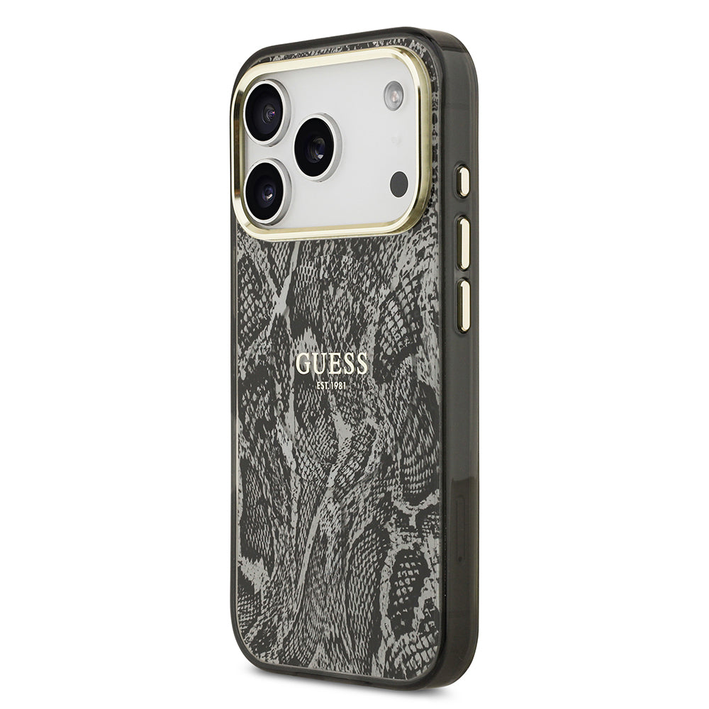 Apple iPhone 17 Pro Kılıf Guess Orjinal Lisanslı M-safe Şarj Özellikli Yazı Logolu Python Desenli Kapak Siyah