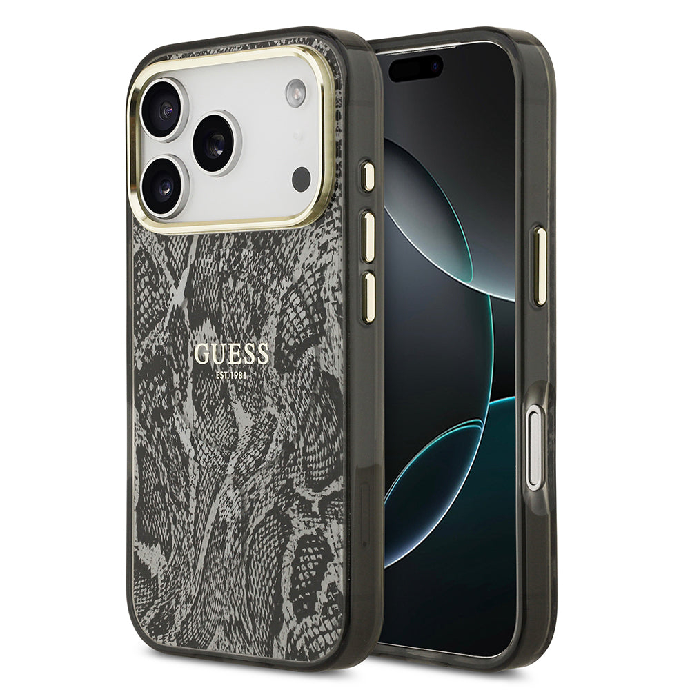 Apple iPhone 17 Pro Kılıf Guess Orjinal Lisanslı M-safe Şarj Özellikli Yazı Logolu Python Desenli Kapak Siyah