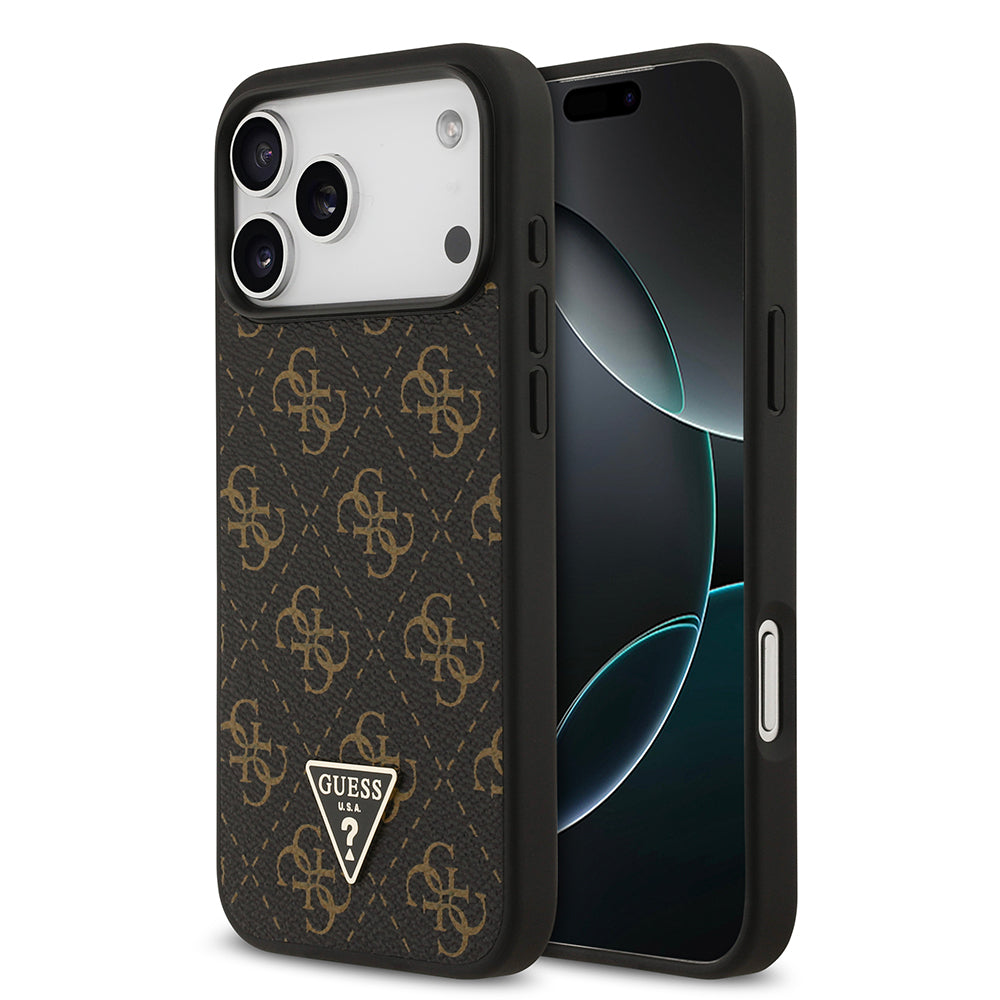 Apple iPhone 17 Pro Kılıf Guess Orjinal Lisanslı PU Deri 4G Desenli Üçgen Logolu Kapak Siyah