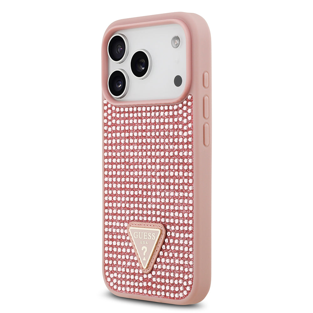 Apple iPhone 17 Pro Kılıf Guess Orjinal Lisanslı Taşlı Arka Yüzey Üçgen Logolu Kapak Pembe