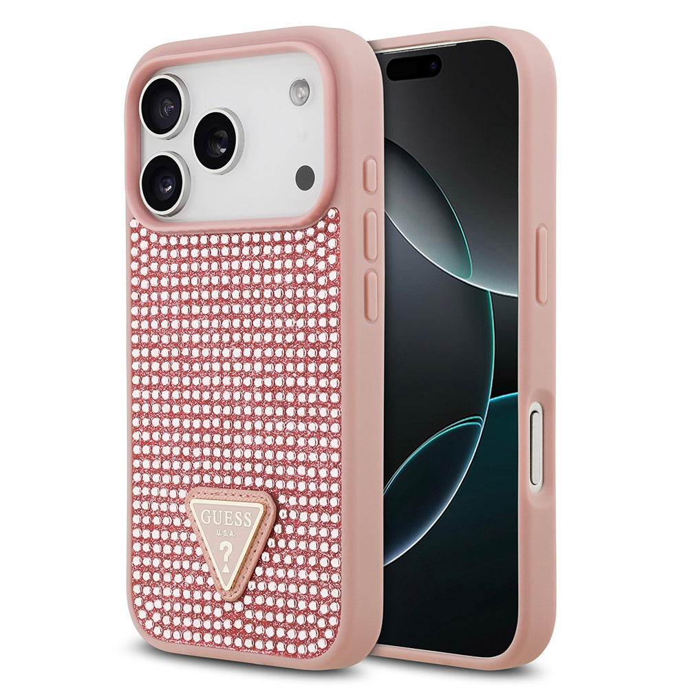 Apple iPhone 17 Pro Kılıf Guess Orjinal Lisanslı Taşlı Arka Yüzey Üçgen Logolu Kapak Pembe