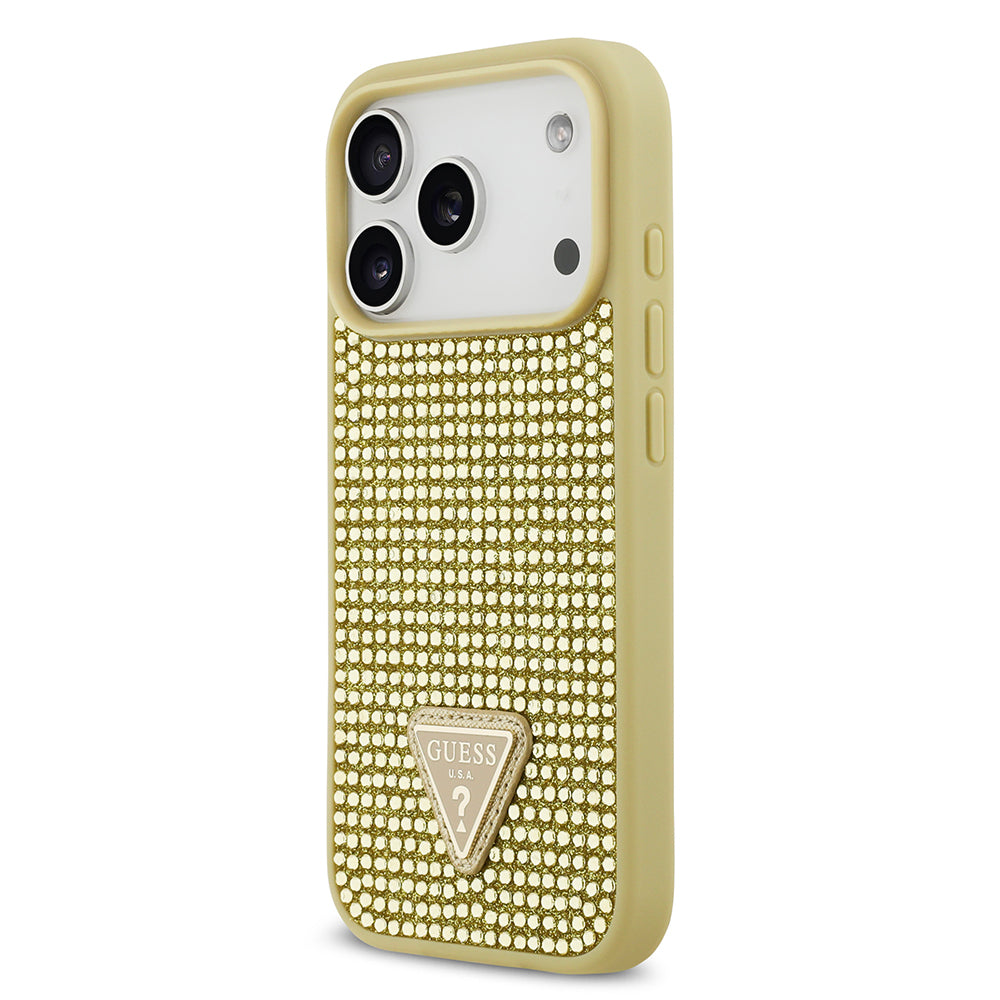 Apple iPhone 17 Pro Kılıf Guess Orjinal Lisanslı Taşlı Arka Yüzey Üçgen Logolu Kapak Gold