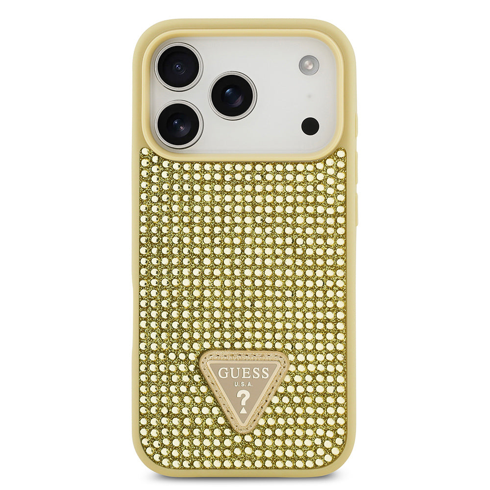 Apple iPhone 17 Pro Kılıf Guess Orjinal Lisanslı Taşlı Arka Yüzey Üçgen Logolu Kapak Gold