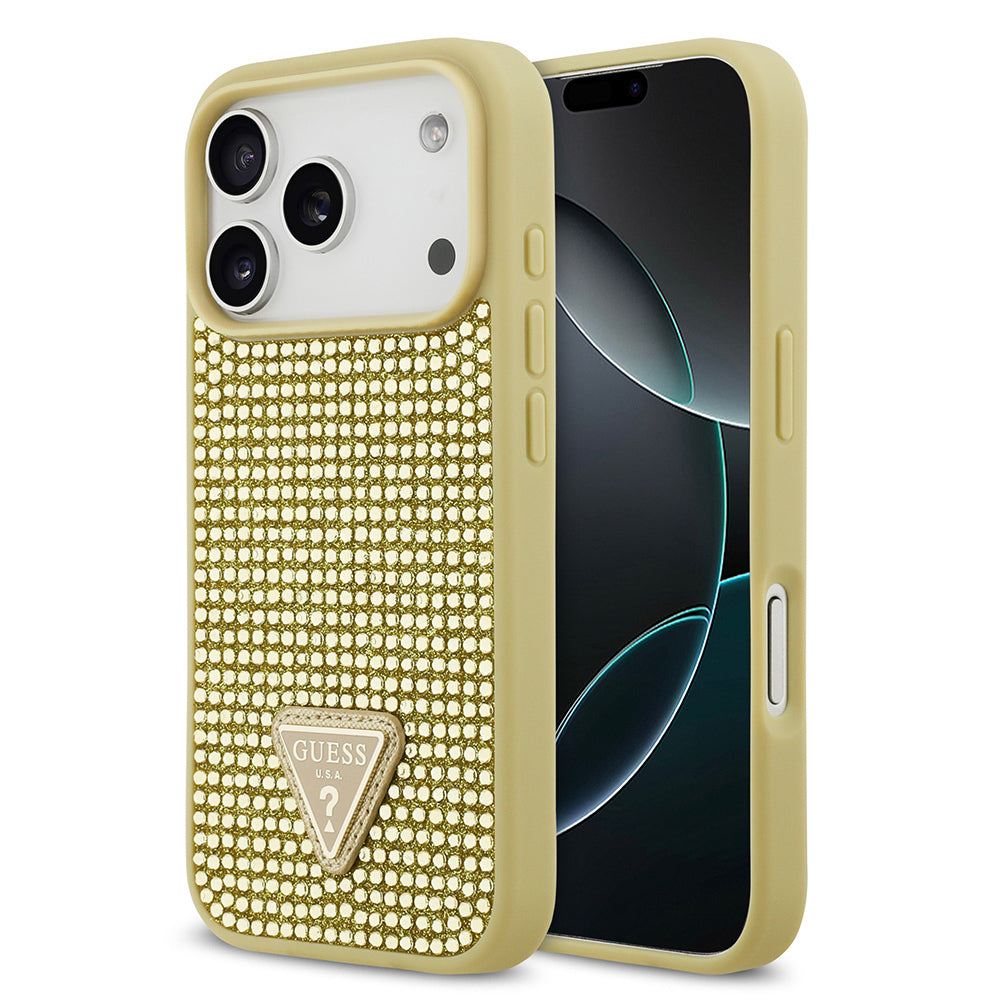 Apple iPhone 17 Pro Kılıf Guess Orjinal Lisanslı Taşlı Arka Yüzey Üçgen Logolu Kapak Gold