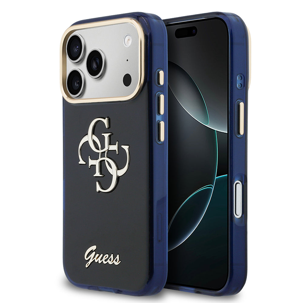 Apple iPhone 17 Pro Kılıf Guess Orjinal Lisanslı Yazı ve 4G Büyük Metal Logolu Silikon Kapak Mavi