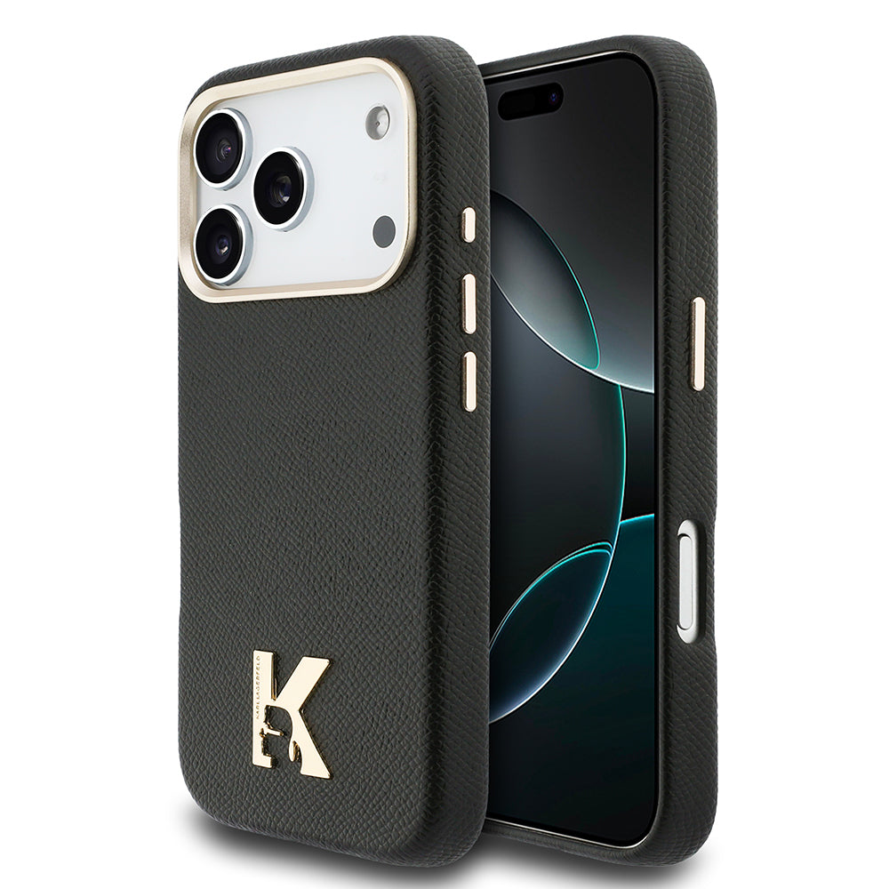 Apple iPhone 17 Pro Kılıf Karl Lagerfeld Orjinal Lisanslı M-safe Şarj Özellikli Gold Kamera Çerçeveli KHEAD Metal Logolu PU Deri Kapak Siyah